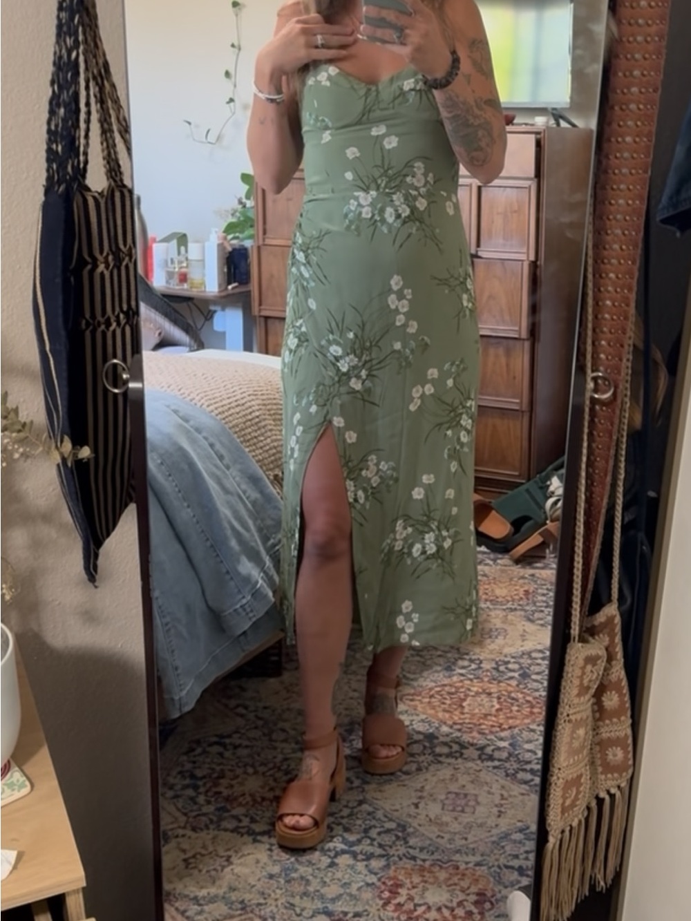 Reformation Olive Green Floral midi dress with Side Slit
